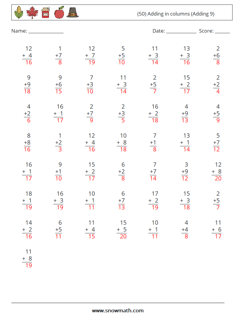 (50) Adding in columns (Adding 9) Math Worksheets 13 Question, Answer