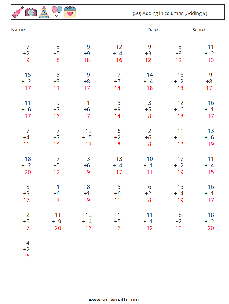 (50) Adding in columns (Adding 9) Math Worksheets 18 Question, Answer