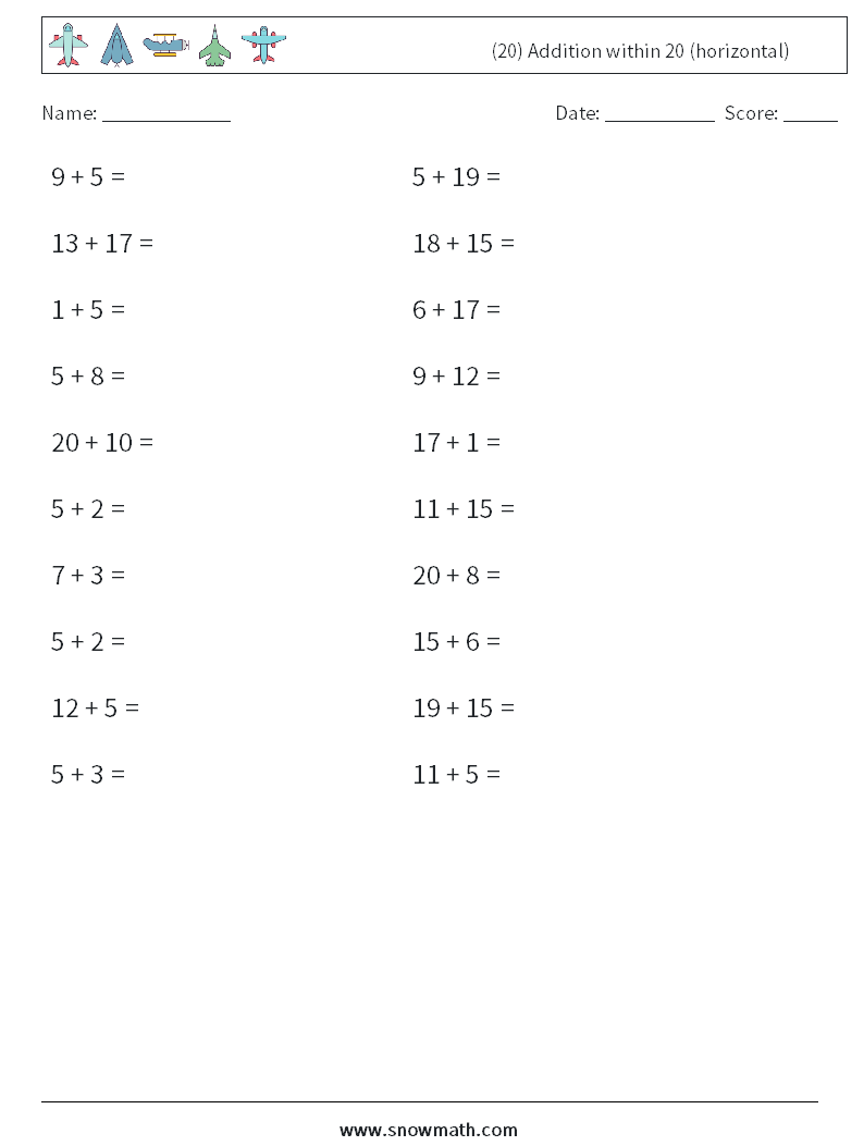 (20) Addition within 20 (horizontal) Math Worksheets 1