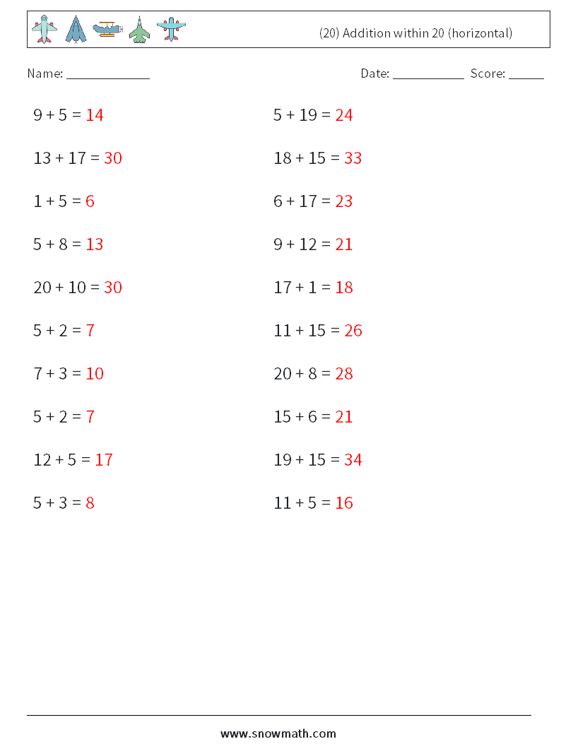 (20) Addition within 20 (horizontal) Math Worksheets 1 Question, Answer
