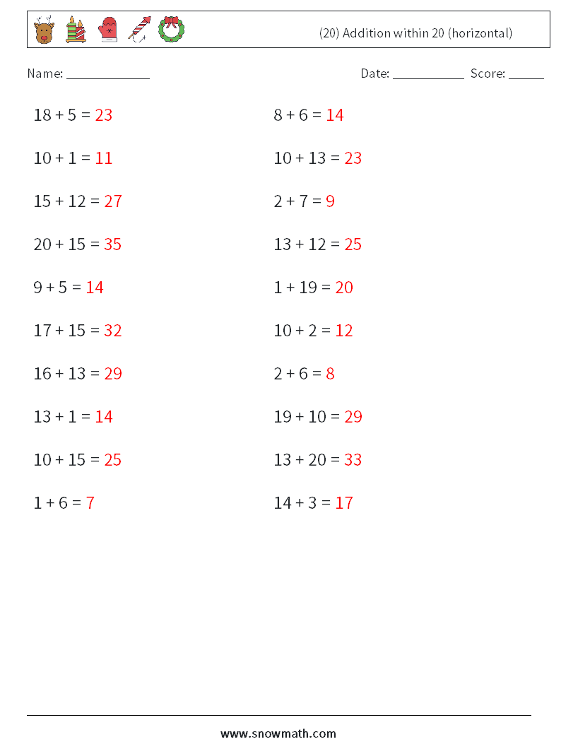 (20) Addition within 20 (horizontal) Math Worksheets 2 Question, Answer