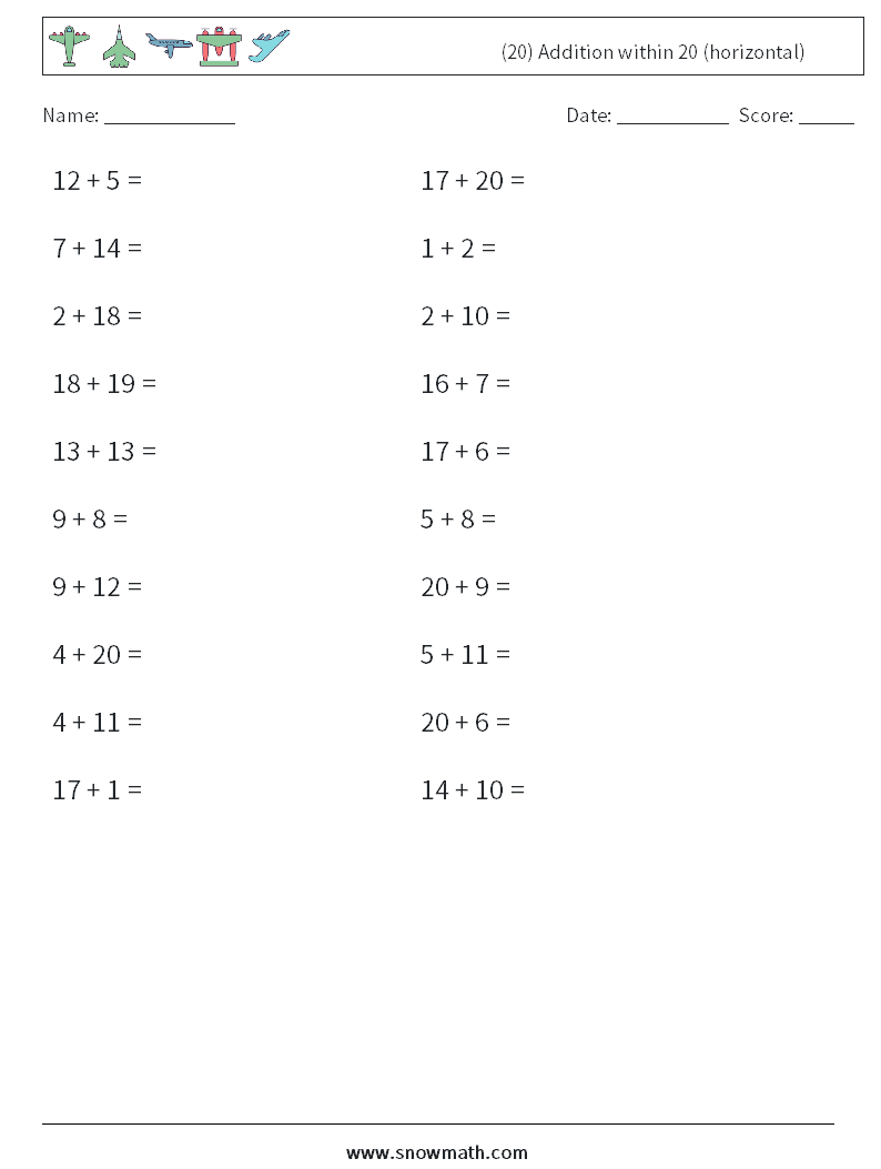 (20) Addition within 20 (horizontal) Math Worksheets 3