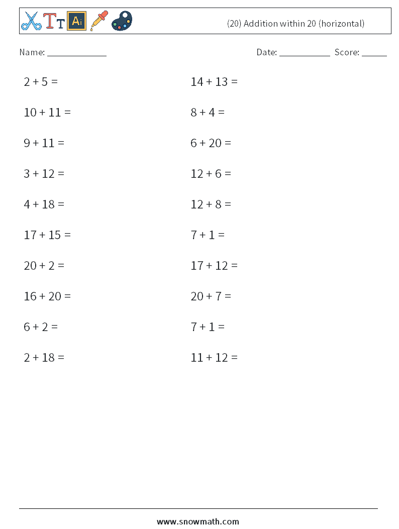 (20) Addition within 20 (horizontal) Math Worksheets 4