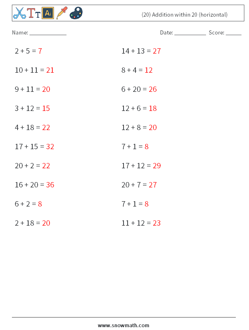 (20) Addition within 20 (horizontal) Math Worksheets 4 Question, Answer