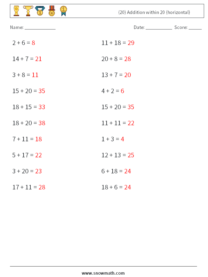 (20) Addition within 20 (horizontal) Math Worksheets 5 Question, Answer