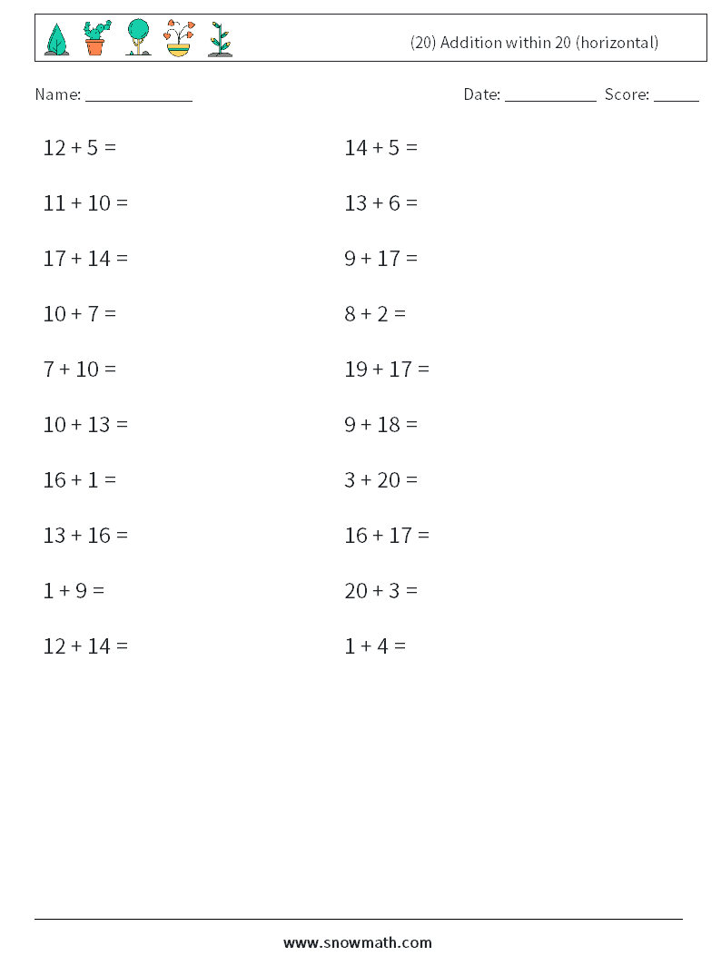 (20) Addition within 20 (horizontal) Math Worksheets 6