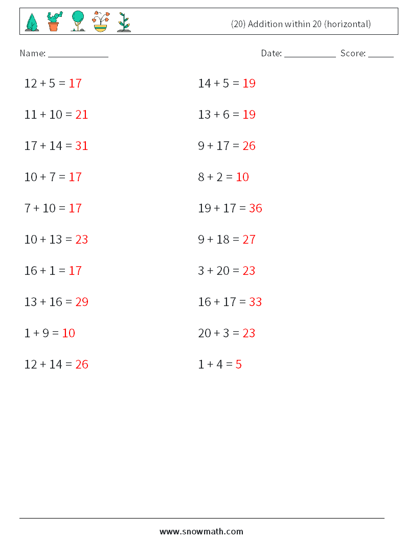 (20) Addition within 20 (horizontal) Math Worksheets 6 Question, Answer