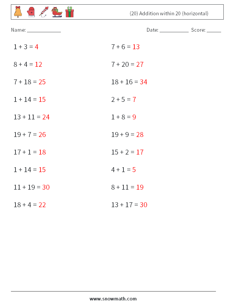 (20) Addition within 20 (horizontal) Math Worksheets 7 Question, Answer