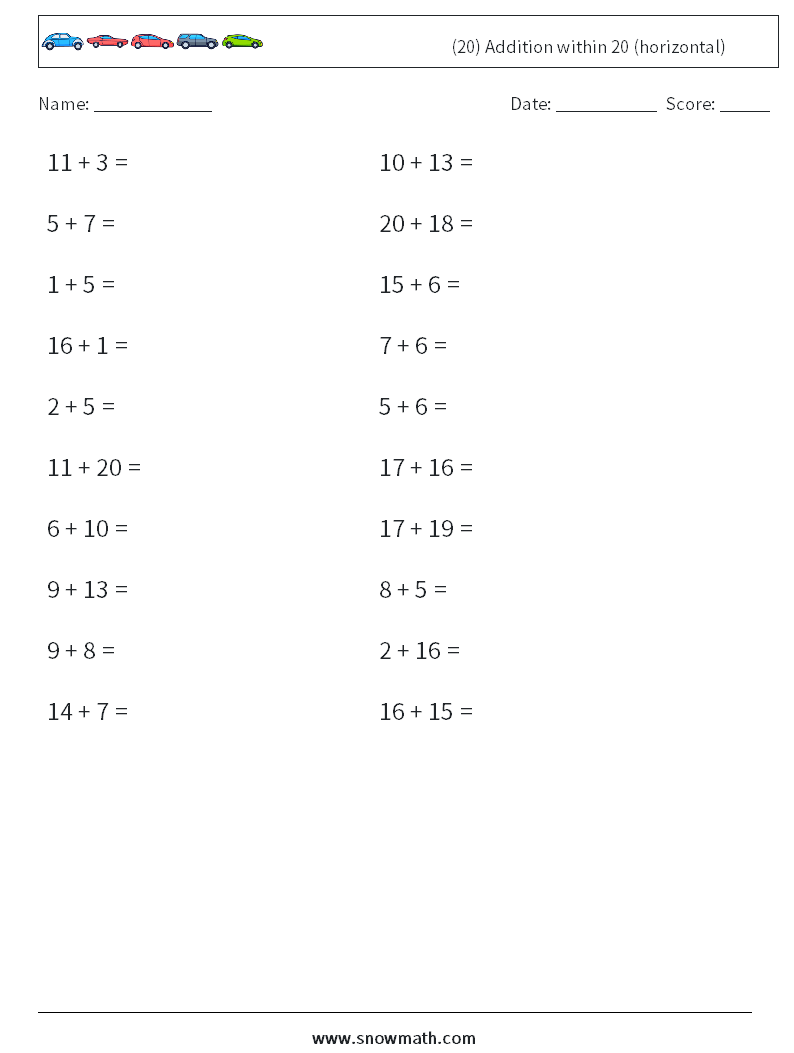 (20) Addition within 20 (horizontal) Math Worksheets 8