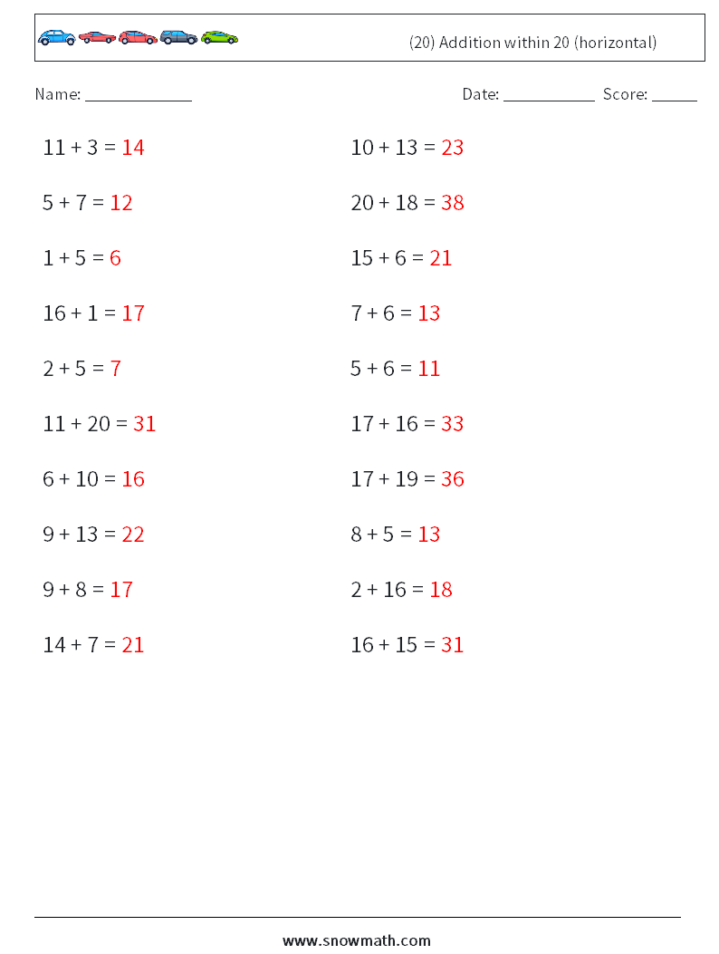 (20) Addition within 20 (horizontal) Math Worksheets 8 Question, Answer