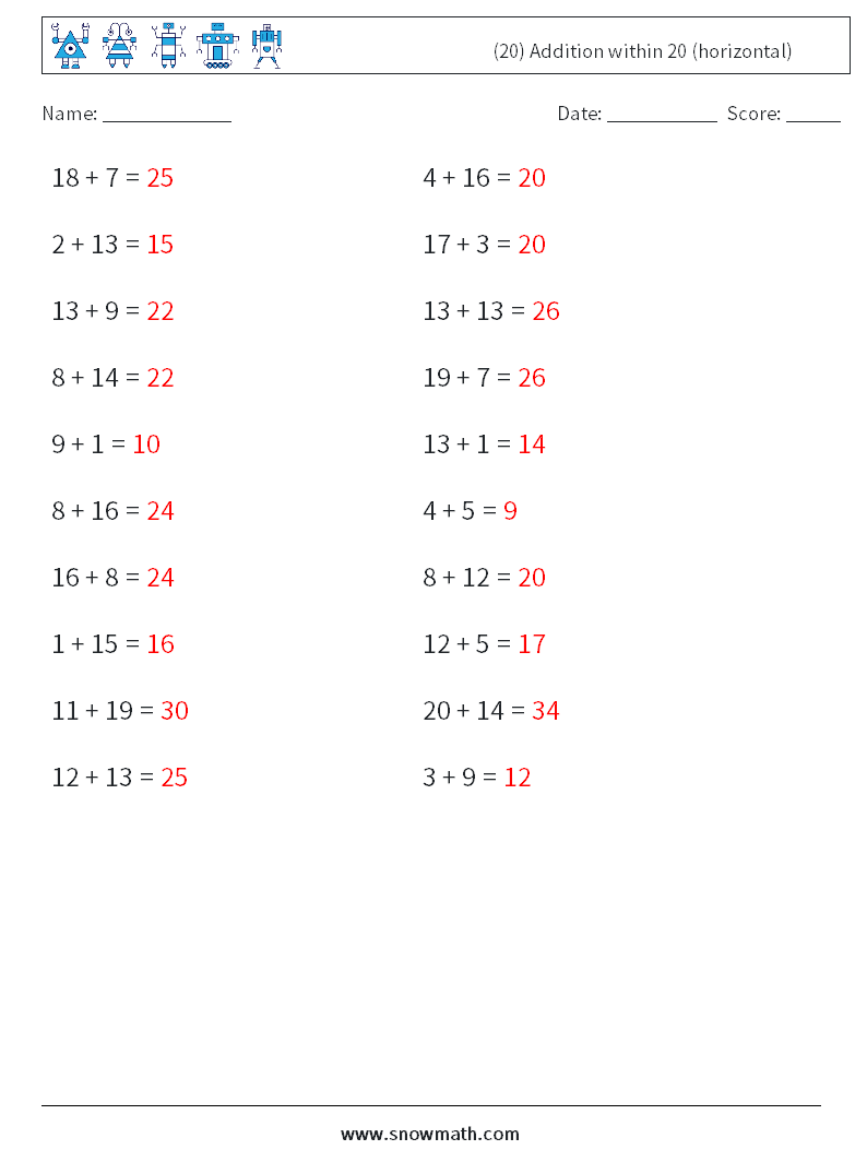 (20) Addition within 20 (horizontal) Math Worksheets 9 Question, Answer