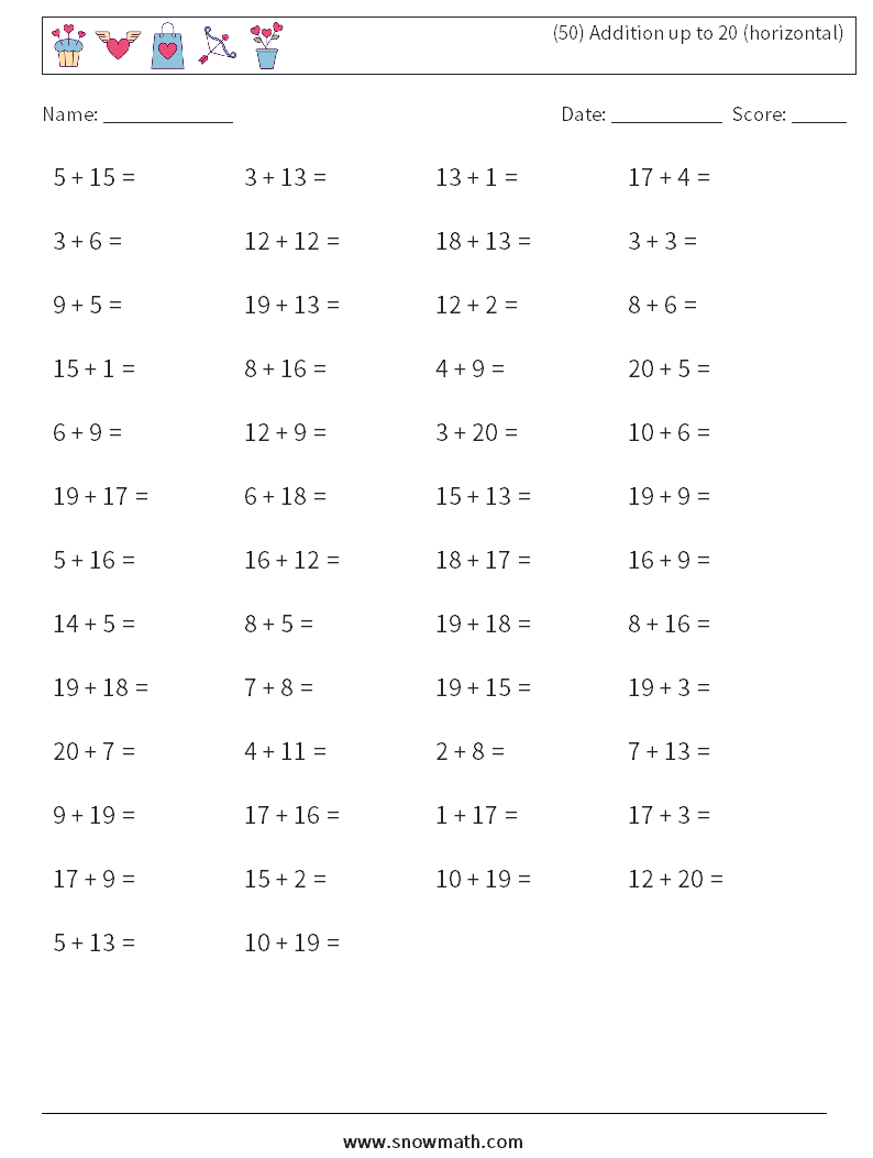 (50) Addition up to 20 (horizontal) Math Worksheets 1