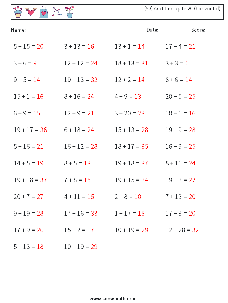 (50) Addition up to 20 (horizontal) Math Worksheets 1 Question, Answer