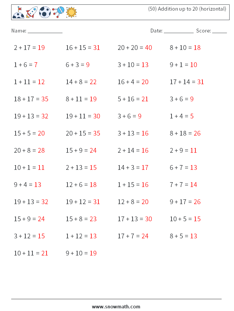 (50) Addition up to 20 (horizontal) Math Worksheets 2 Question, Answer