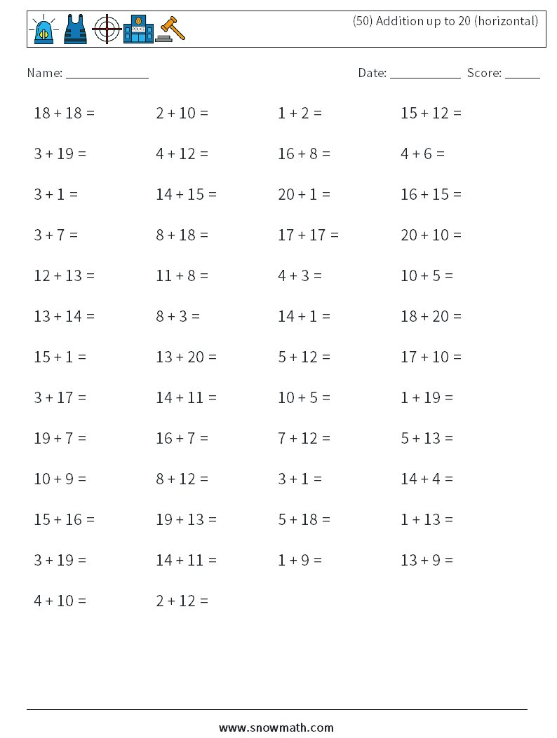 (50) Addition up to 20 (horizontal) Math Worksheets 3