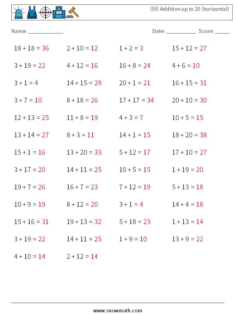 (50) Addition up to 20 (horizontal) Math Worksheets 3 Question, Answer