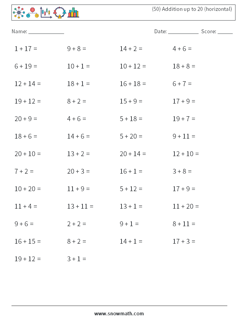 (50) Addition up to 20 (horizontal) Math Worksheets 4