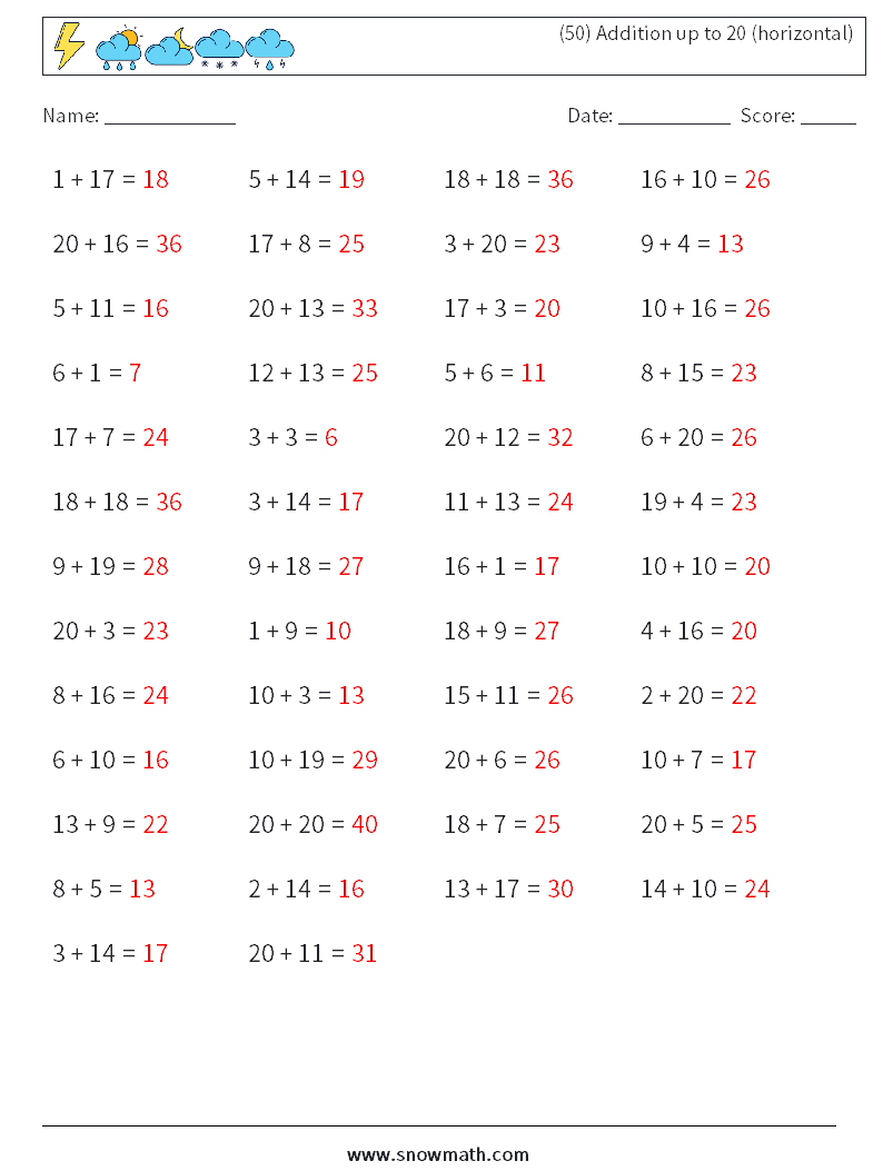 (50) Addition up to 20 (horizontal) Math Worksheets 5 Question, Answer