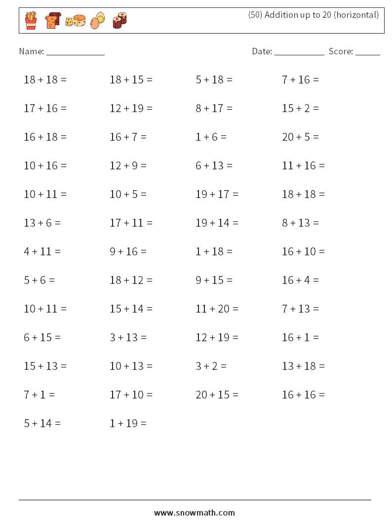 (50) Addition up to 20 (horizontal) Math Worksheets 6