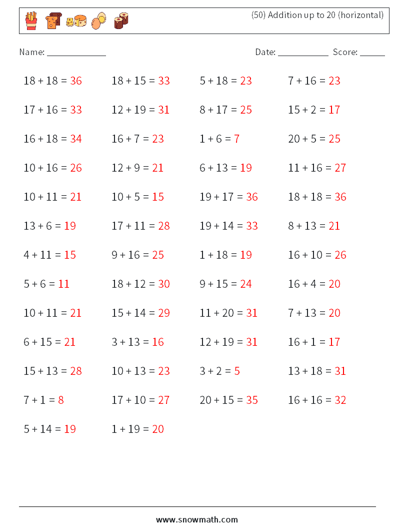 (50) Addition up to 20 (horizontal) Math Worksheets 6 Question, Answer