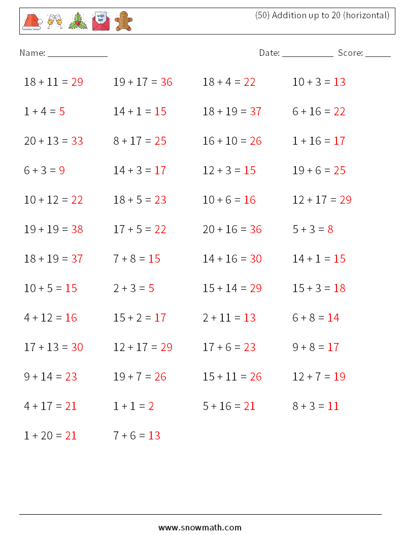 (50) Addition up to 20 (horizontal) Math Worksheets 7 Question, Answer
