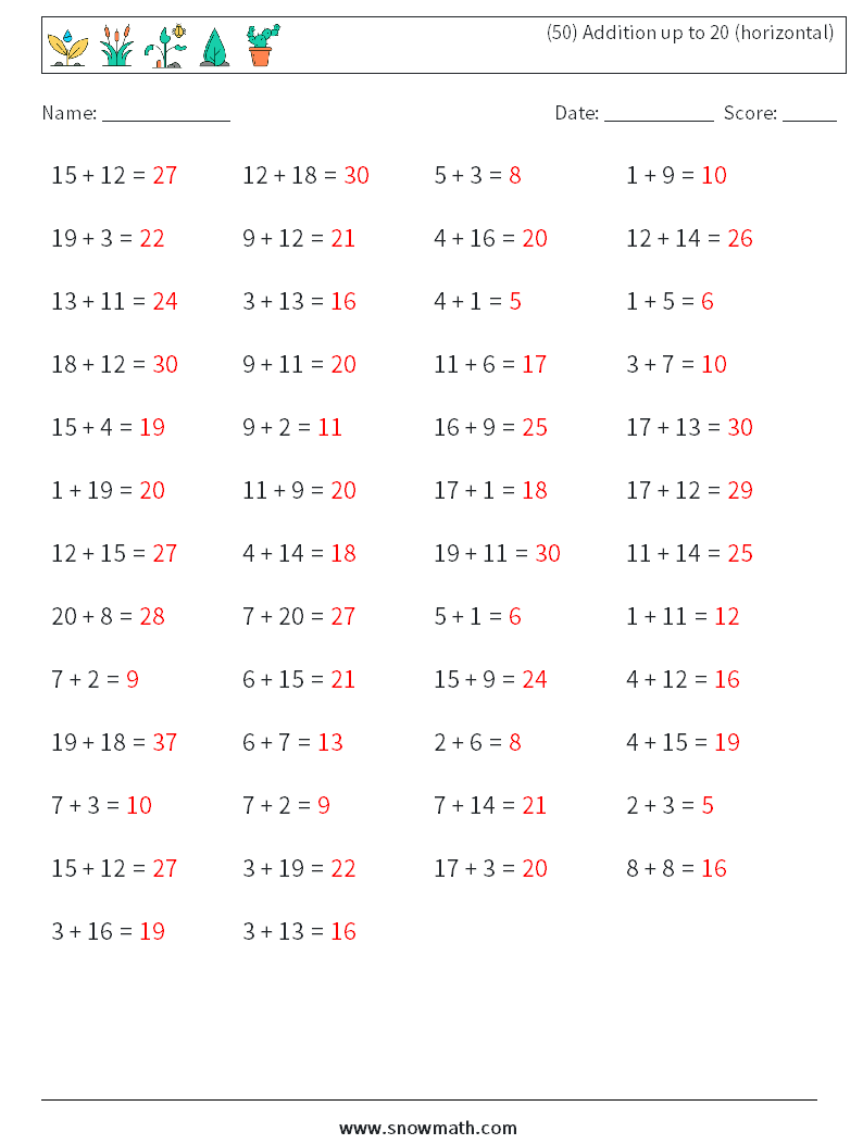 (50) Addition up to 20 (horizontal) Math Worksheets 8 Question, Answer