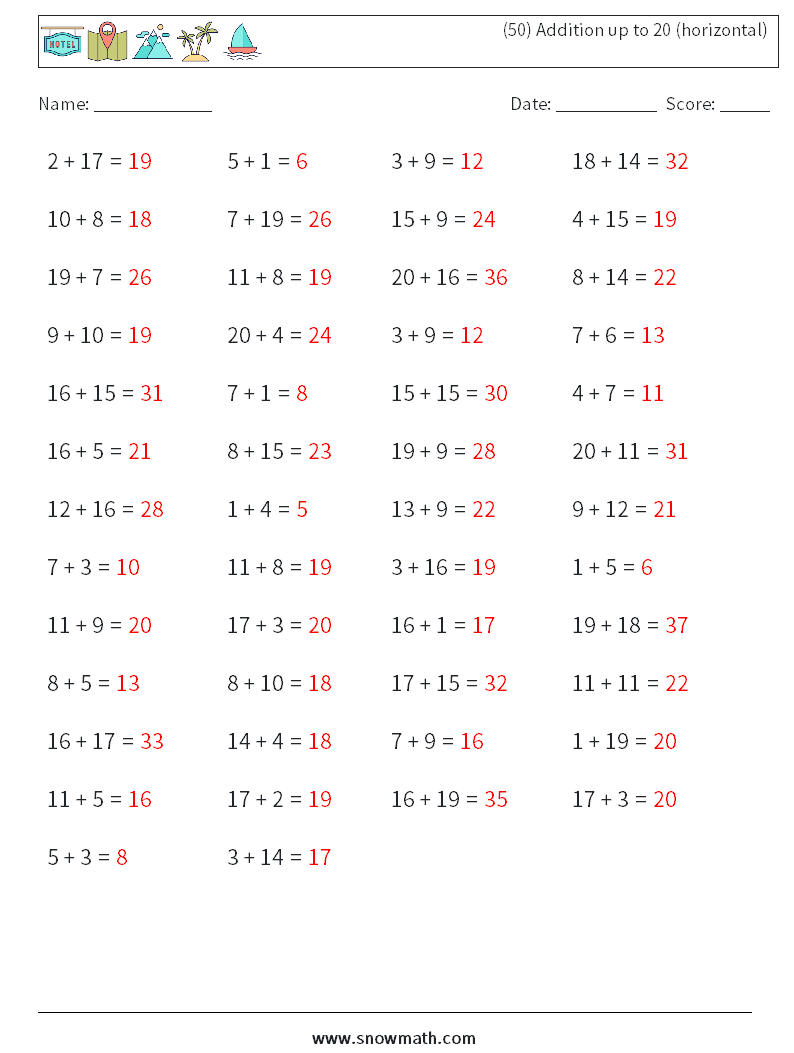 (50) Addition up to 20 (horizontal) Math Worksheets 9 Question, Answer