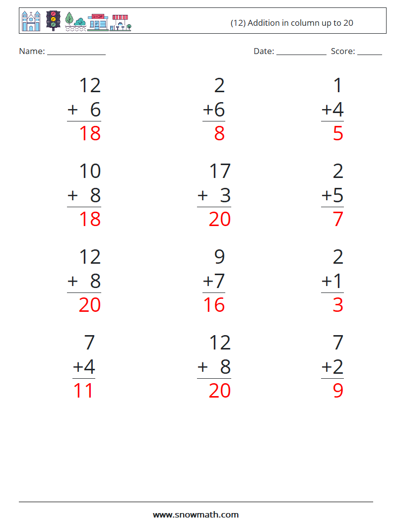 (12) Addition in column up to 20 Math Worksheets 10 Question, Answer