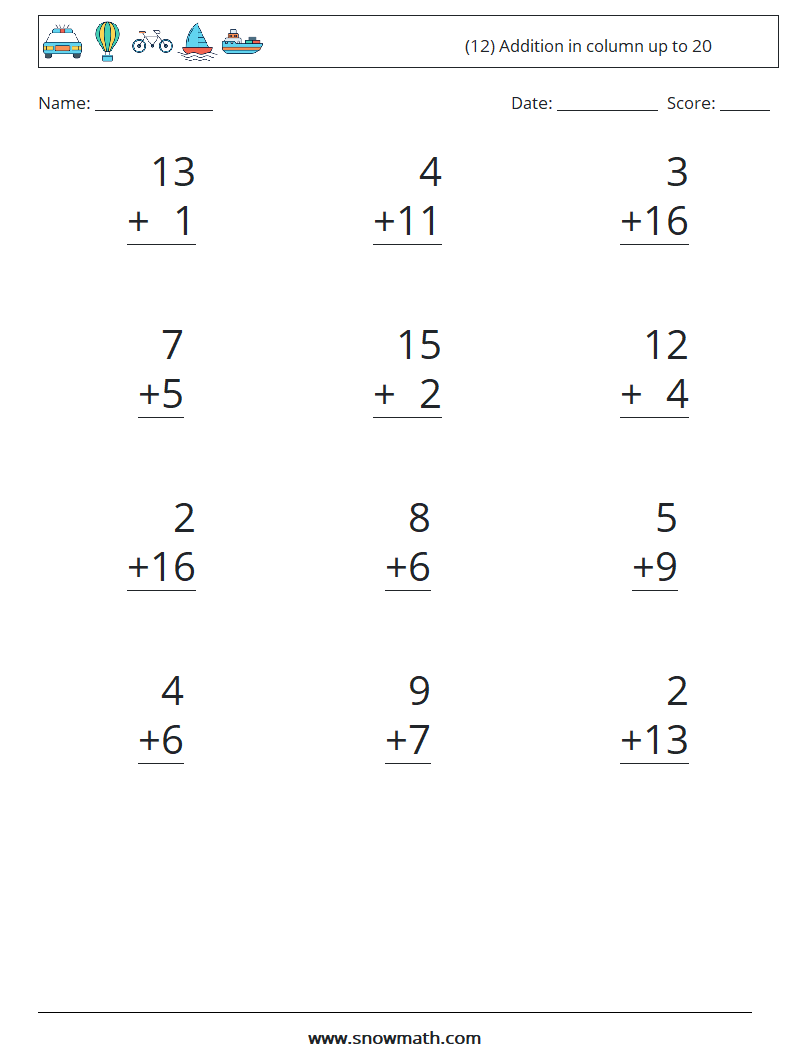 (12) Addition in column up to 20 Math Worksheets 11