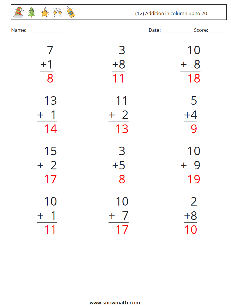 (12) Addition in column up to 20 Math Worksheets 13 Question, Answer