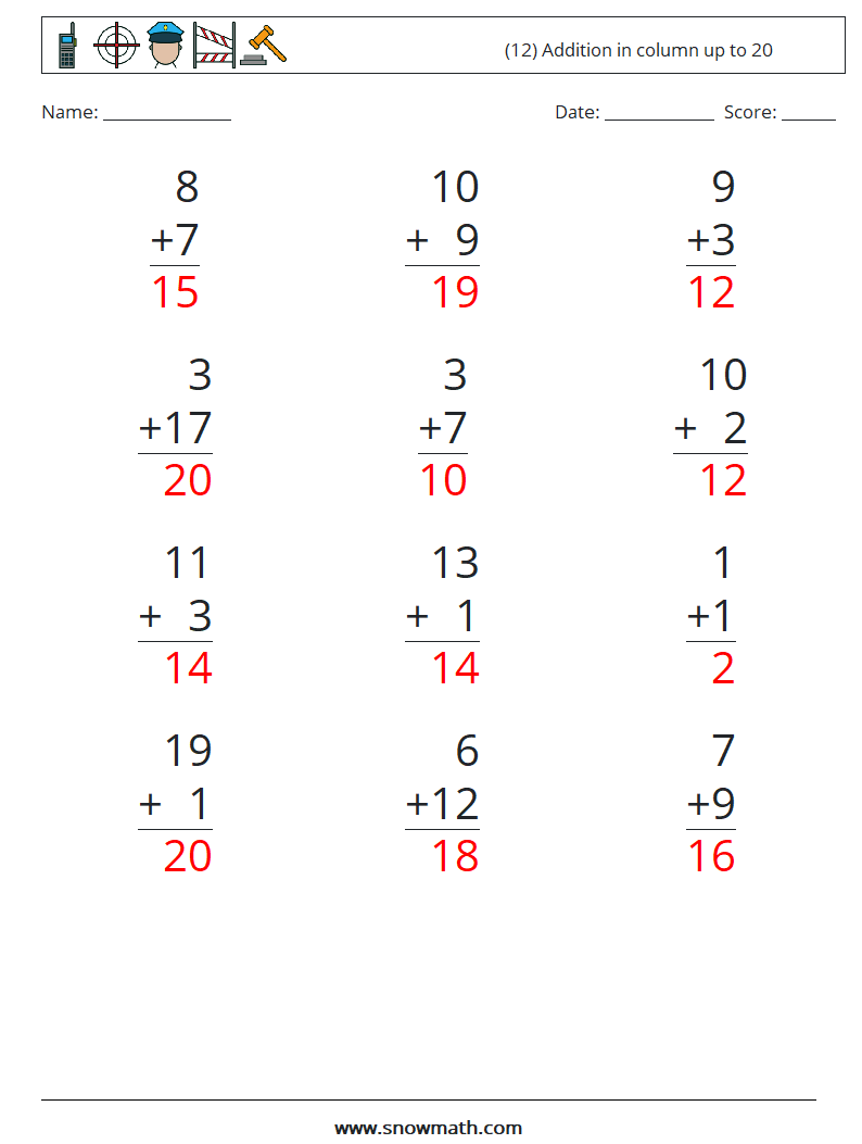 (12) Addition in column up to 20 Math Worksheets 14 Question, Answer