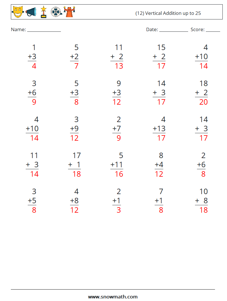 (12) Vertical Addition up to 25 Math Worksheets 10 Question, Answer