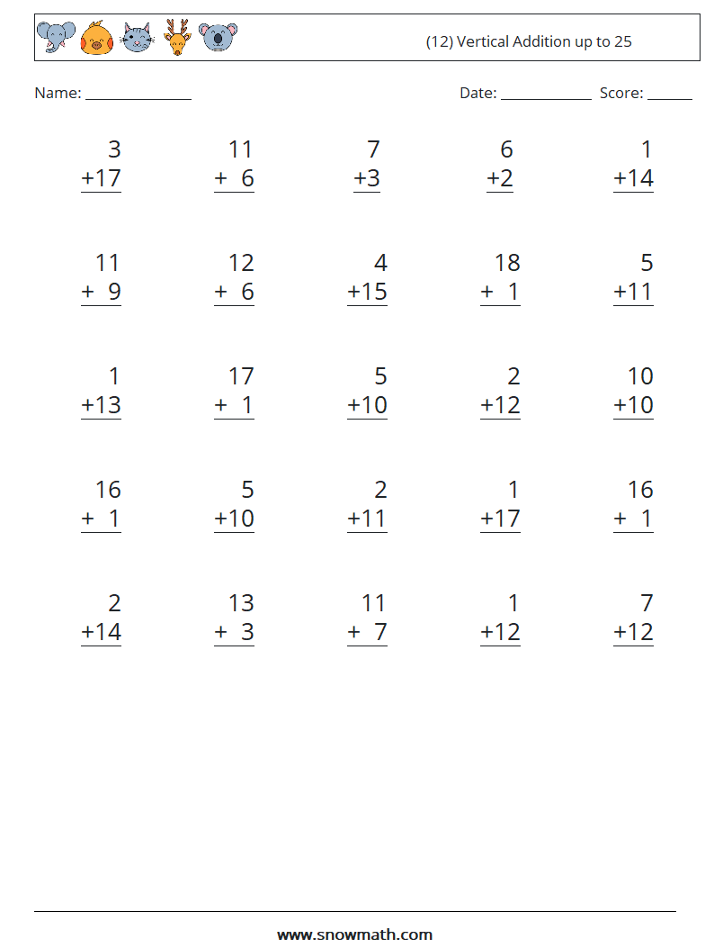 (12) Vertical Addition up to 25 Math Worksheets 14