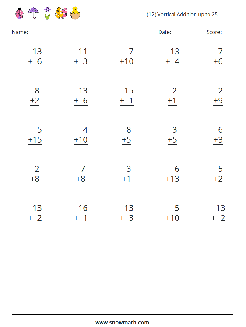 (12) Vertical Addition up to 25 Math Worksheets 16