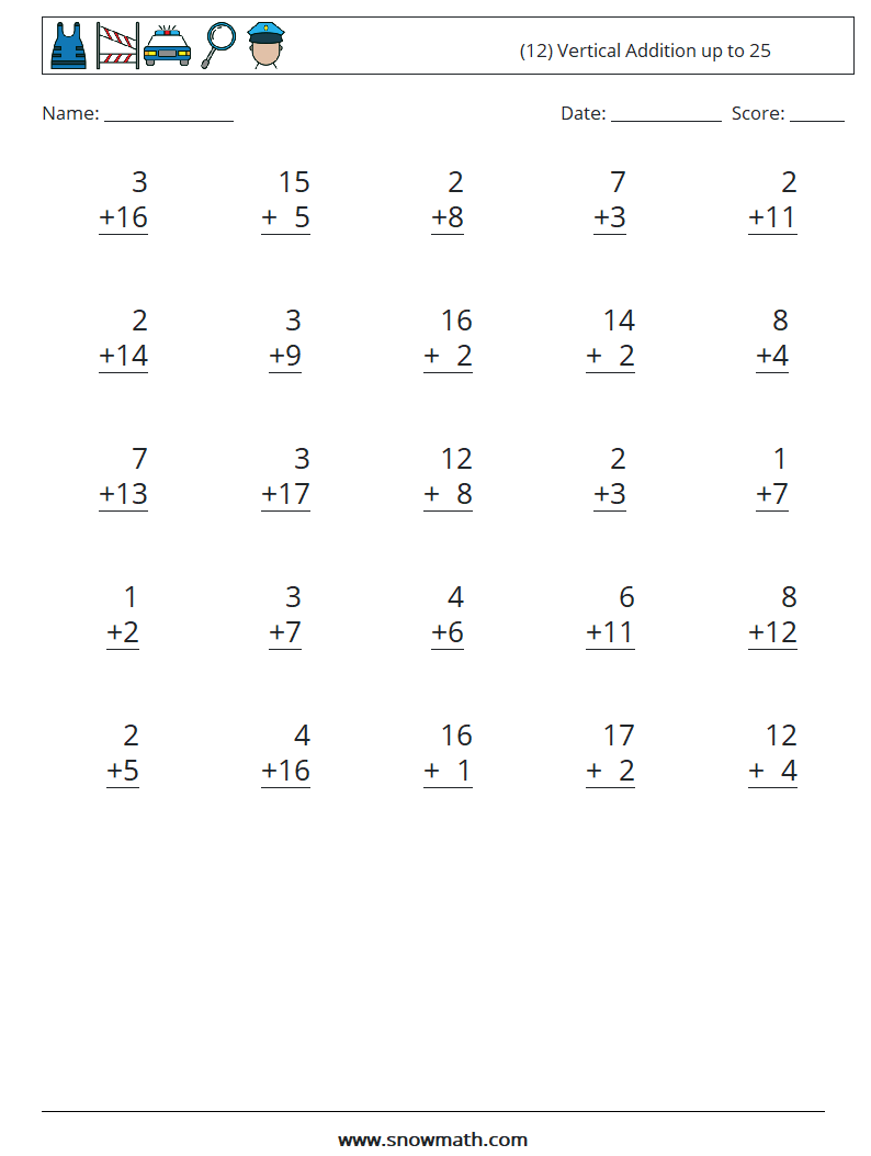 (12) Vertical Addition up to 25 Math Worksheets 5