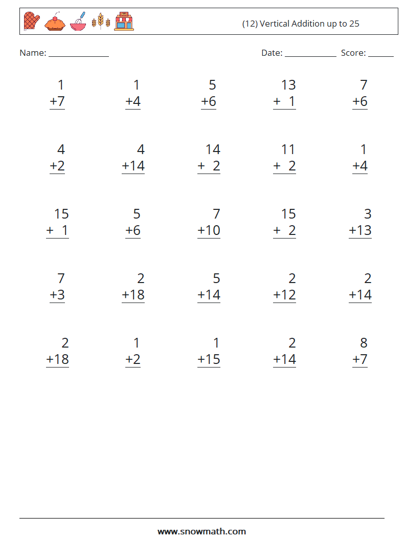 (12) Vertical Addition up to 25 Math Worksheets 9