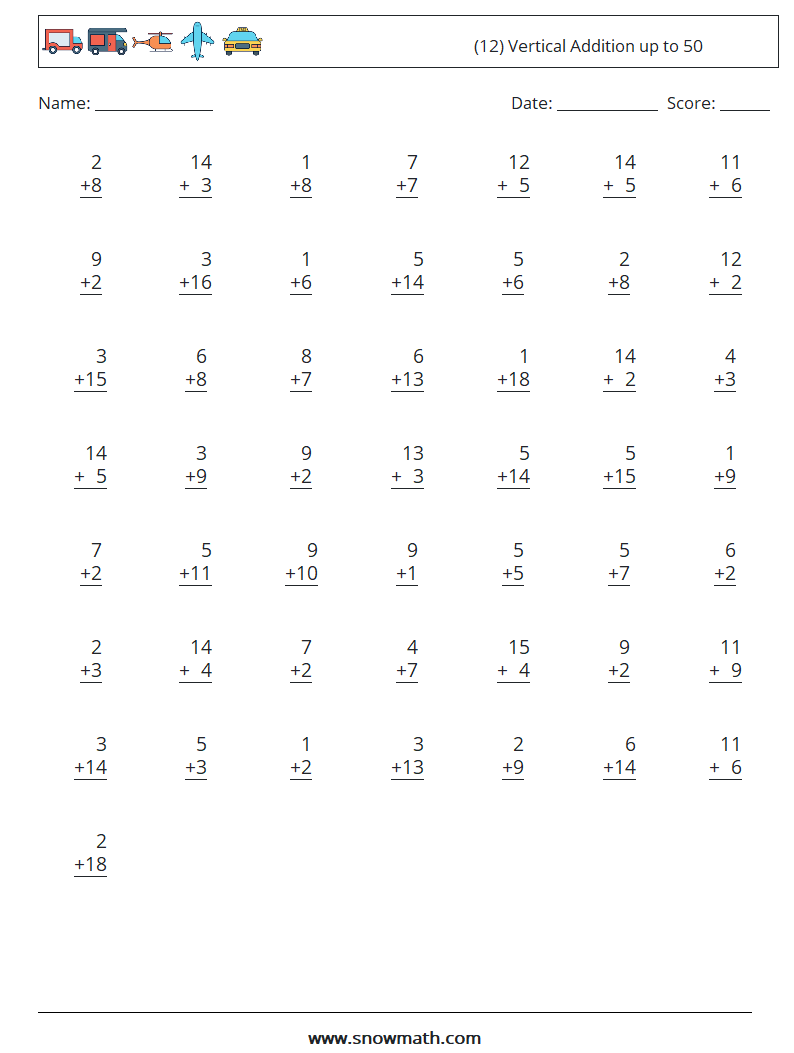 (12) Vertical Addition up to 50 Math Worksheets 11