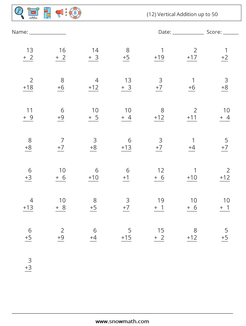 (12) Vertical Addition up to 50 Math Worksheets 13