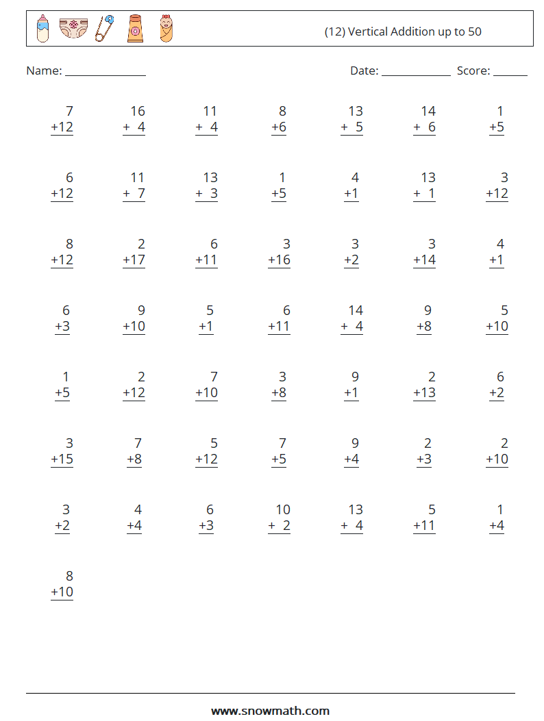 (12) Vertical Addition up to 50 Math Worksheets 14