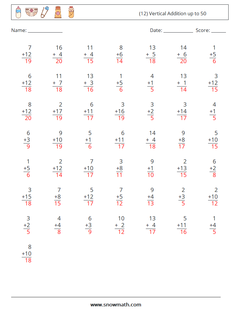 (12) Vertical Addition up to 50 Math Worksheets 14 Question, Answer