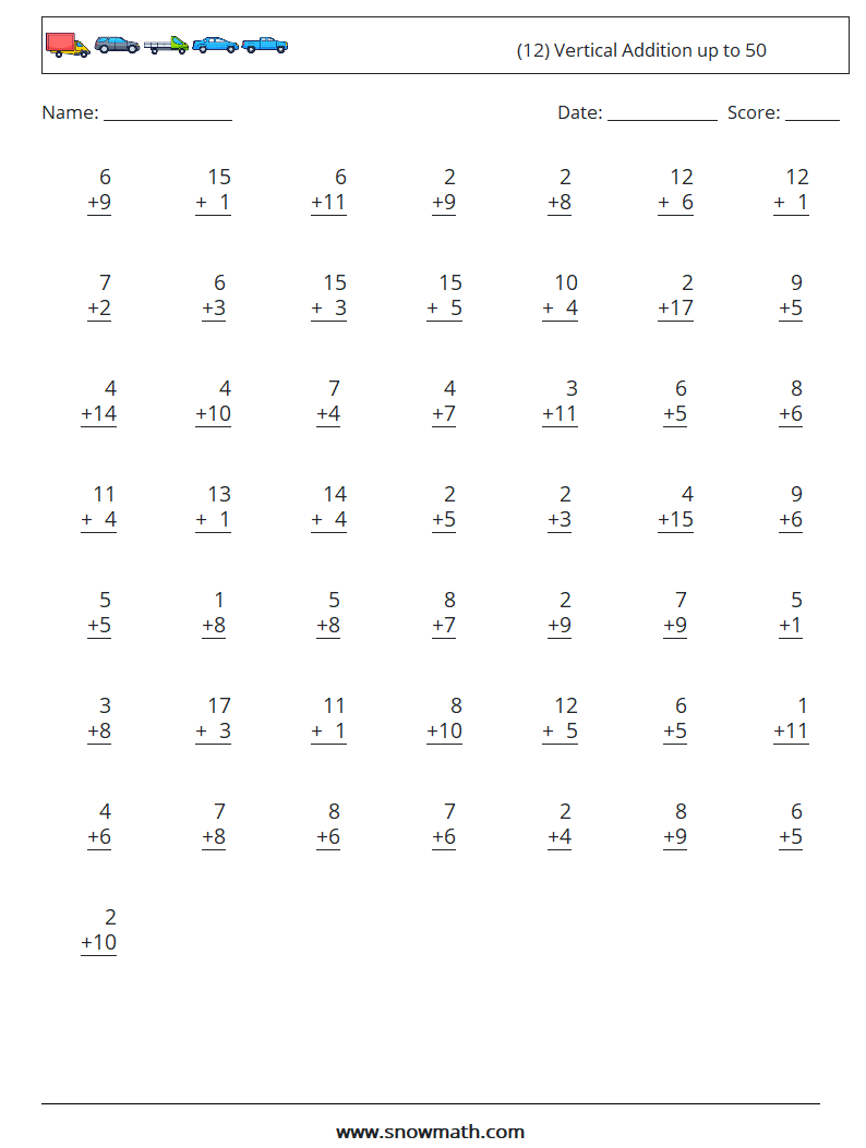 (12) Vertical Addition up to 50 Math Worksheets 16