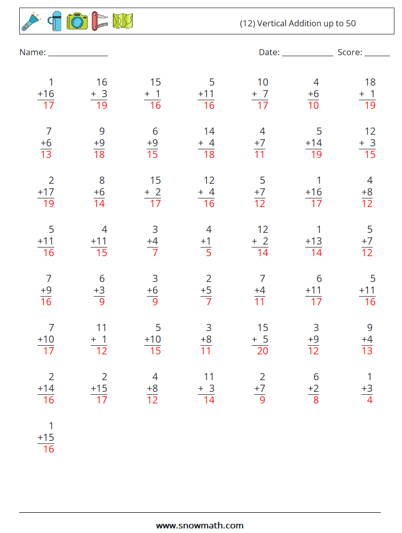 (12) Vertical Addition up to 50 Math Worksheets 18 Question, Answer