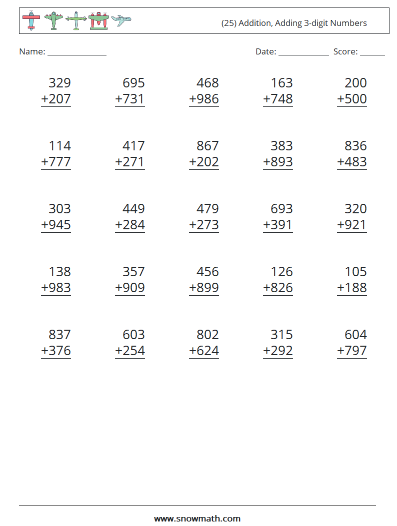 (25) Addition, Adding 3-digit Numbers Math Worksheets 1