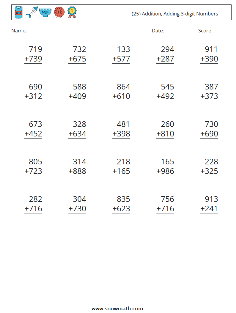 (25) Addition, Adding 3-digit Numbers Math Worksheets 14