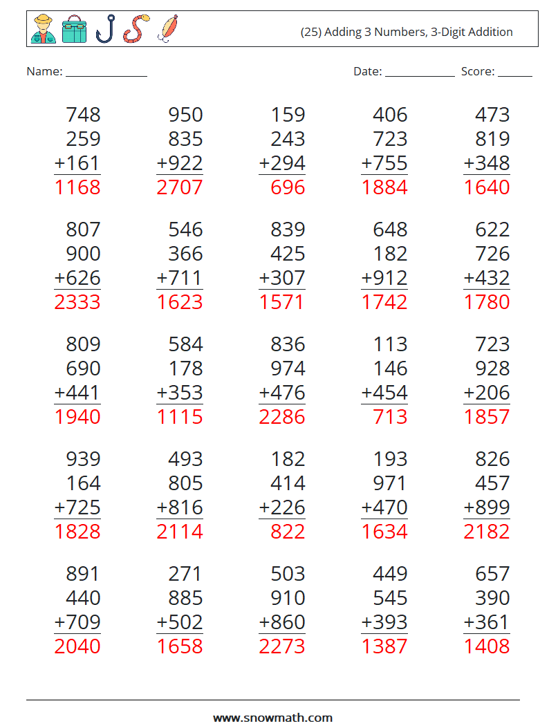 (25) Adding 3 Numbers, 3-Digit Addition Math Worksheets 11 Question, Answer
