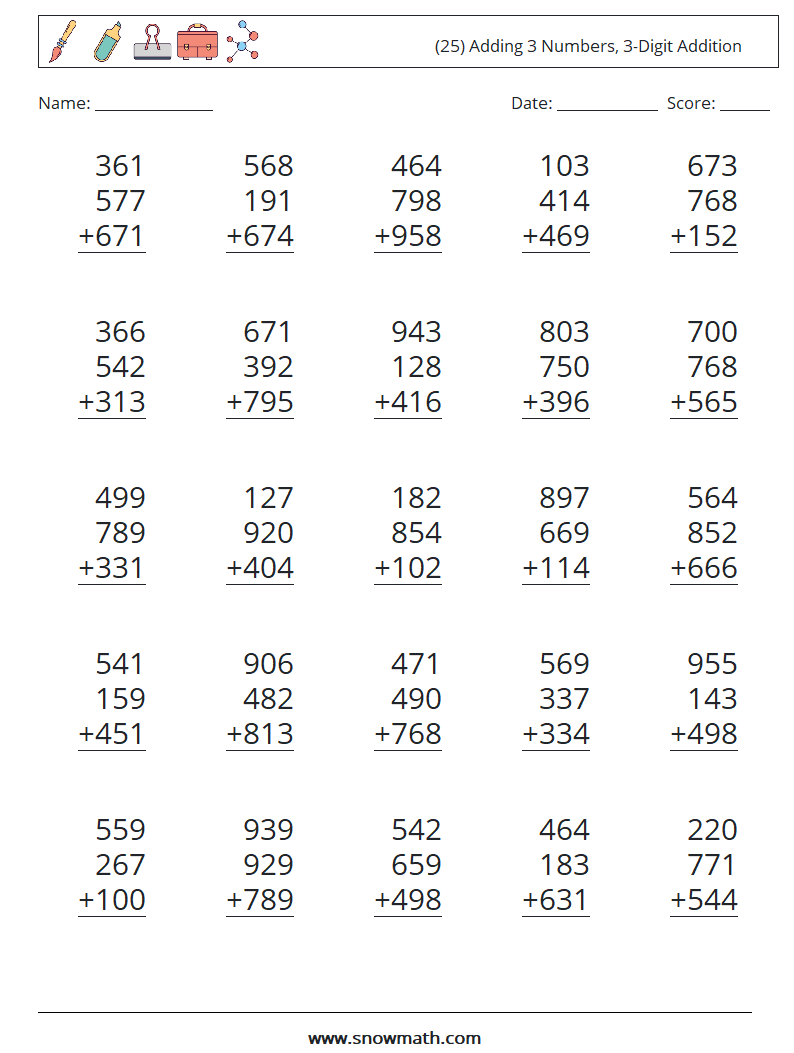 (25) Adding 3 Numbers, 3-Digit Addition Math Worksheets 12