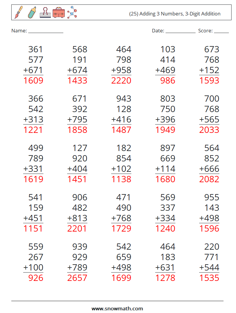 (25) Adding 3 Numbers, 3-Digit Addition Math Worksheets 12 Question, Answer