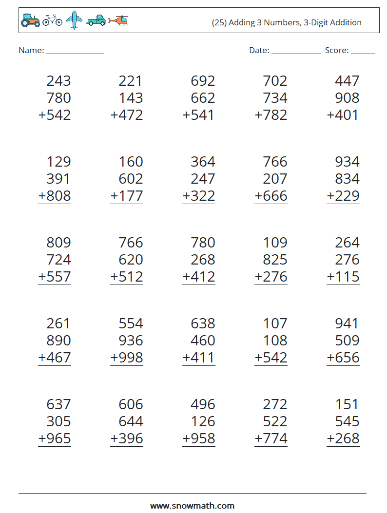 (25) Adding 3 Numbers, 3-Digit Addition Math Worksheets 14