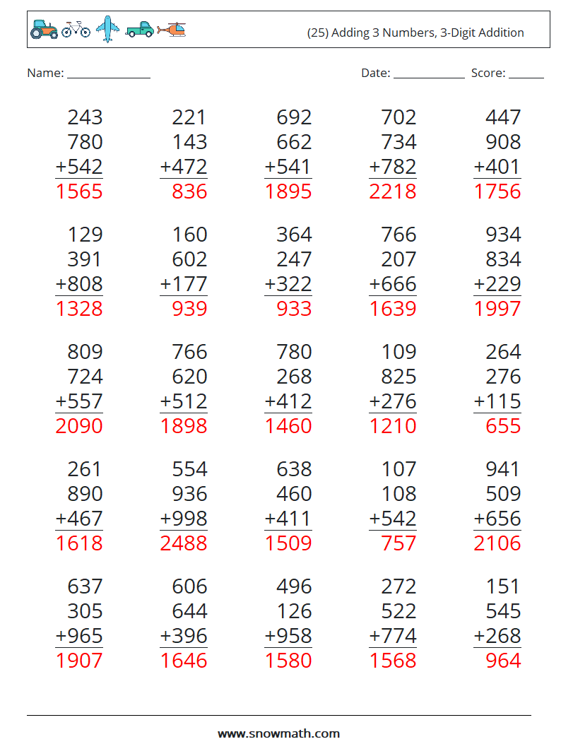 (25) Adding 3 Numbers, 3-Digit Addition Math Worksheets 14 Question, Answer