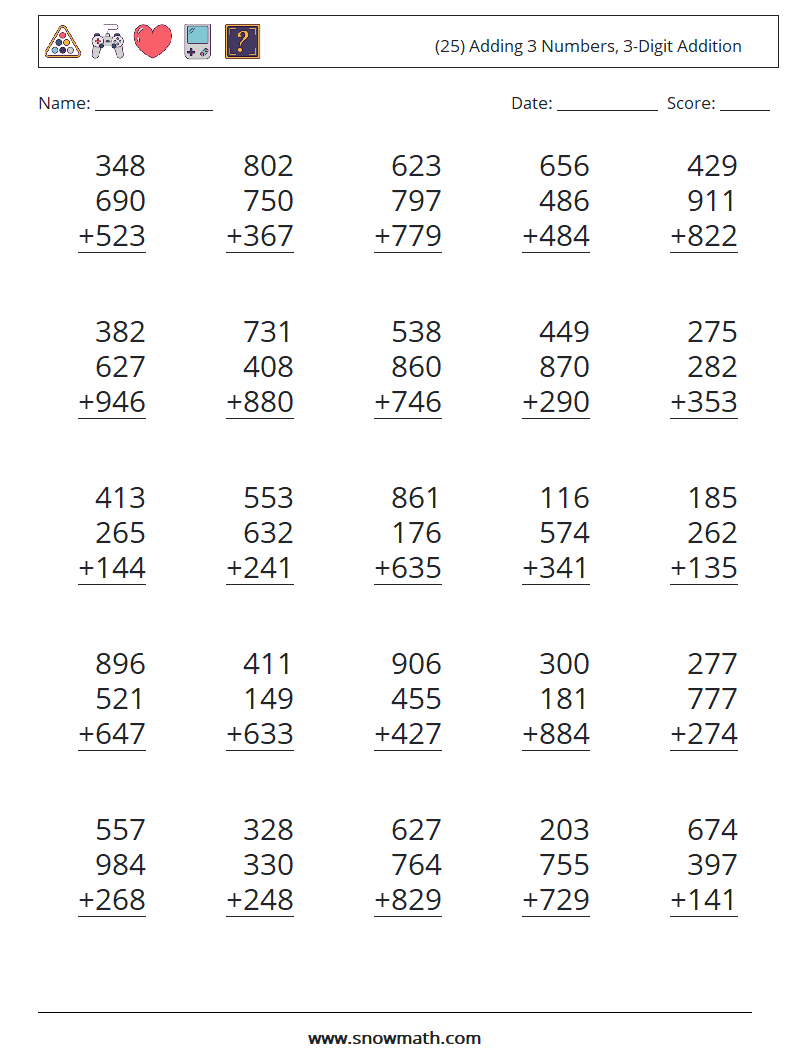 (25) Adding 3 Numbers, 3-Digit Addition Math Worksheets 16